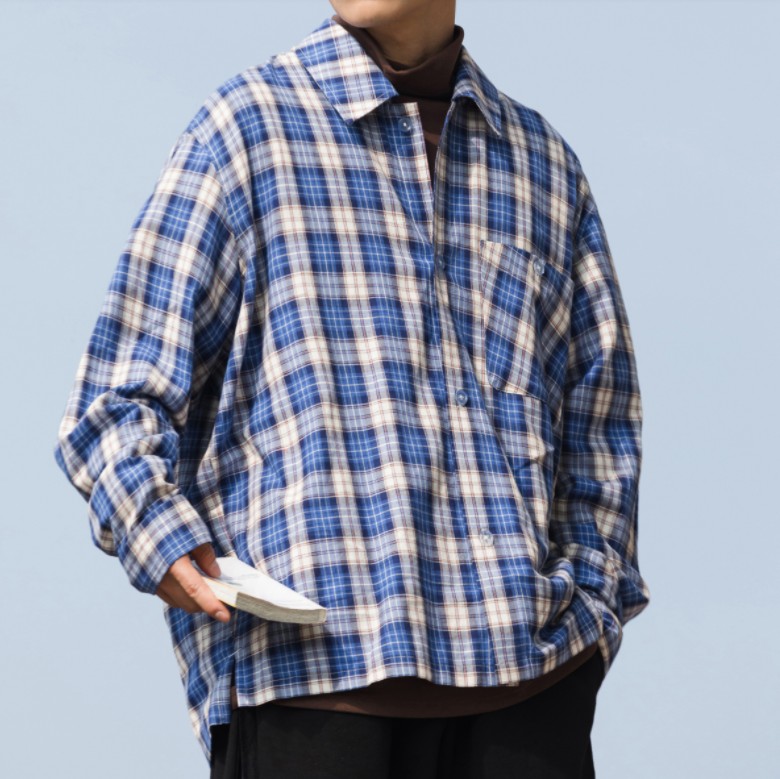 純棉磨毛感色織藍(lán)白格紋情侶裝長(zhǎng)袖襯衣男格子襯衫外套